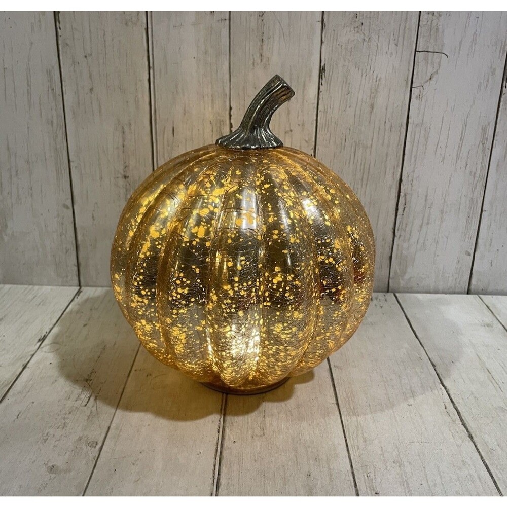 Crackle Mercury Glass Pumpkin w Battery Operated Light 10” Silver Stem